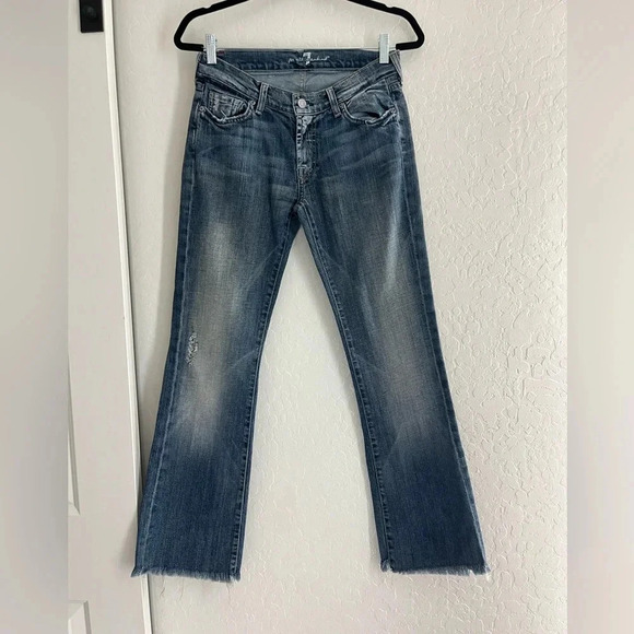 7 For All Mankind jeans 28 bootcut denim distressed raw hem flare western pants - Picture 1 of 5